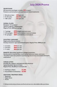 July 2026 promo flyer advertising neurotoxins and dermal filler pricing with several package prices and treatment options full page image   esprit® cosmetic surgeons